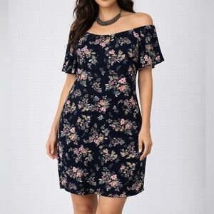 GUILTY Navy Blue Floral Stretch Neckline Dress size 1X